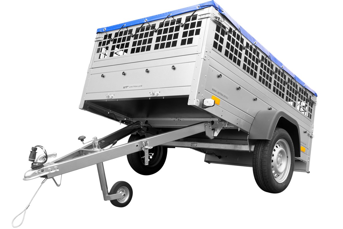 UNITRAILER PRZYCZEPA GARDEN TRAILER 201 KIPP Z KOŁEM PODPOROWYM, BURTAMI SIATKOWYMI I PLANDEKĄ PŁASKĄ NIEBIESKĄ UT004511