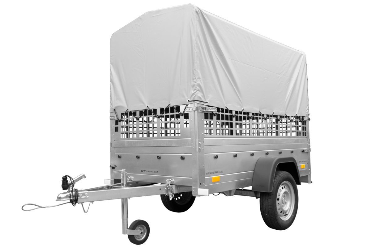 UNITRAILER Przyczepa do samochodu osobowego GARDEN TRAILER 200 KIPP  z kołem podporowym, burtami siatkowymi i stelażem H-800 z pokrowcem szarym UT004482