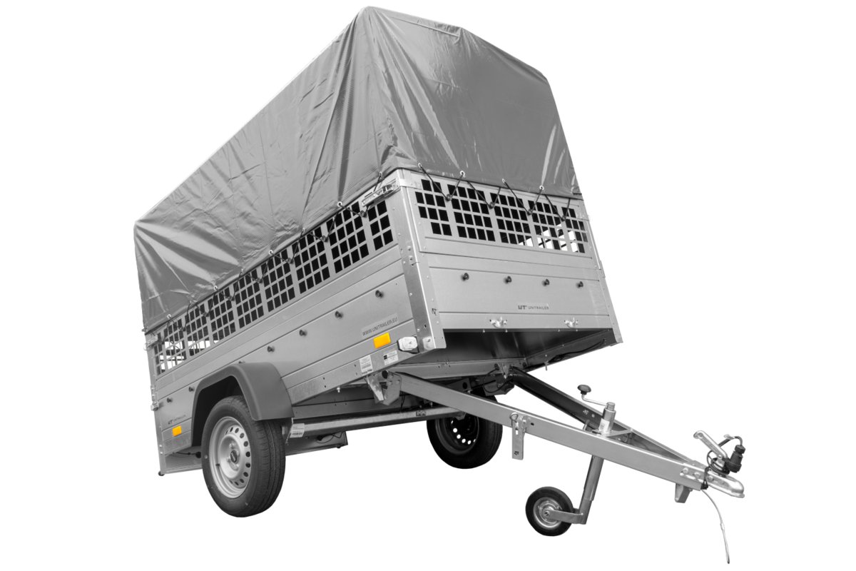 UNITRAILER 1-osiowa przyczepa samochodowa wywrotka 230 x 125 Garden Trailer 230 KIPP z burtami siatkowymi i stelażem H-800 z pokrowcem szarym UT004478