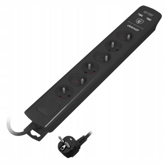 Orno Listwa przeciwprzepięciowa, 6 gniazd 2P+Z, kabel 3x1,0mm$2567, długość 3m, czarna, 10A/230 VAC, z ochronnikiem przeciwprzepięciowym OR-AE-13163/B/3M