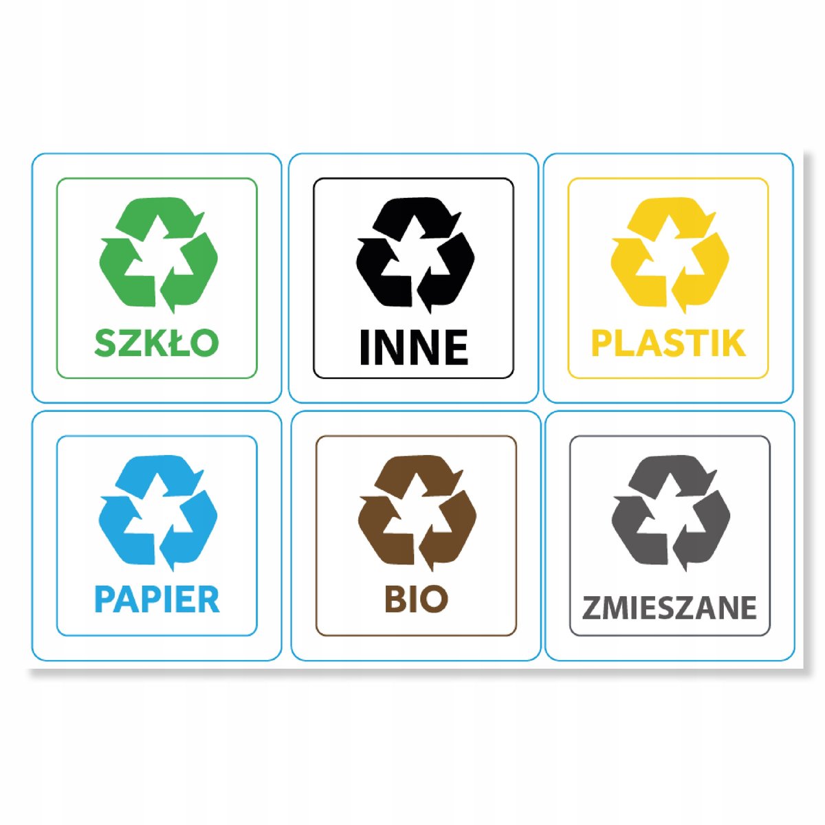 Naklejki do segregacji śmieci na kosze, kubły, pojemniki 6 sztuk