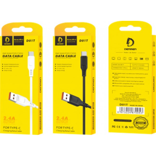 DENMEN KABEL TYP-C 2.4A 1METR - OPLOT ABS/PVC D01T- B CZARNY D01T BLACK