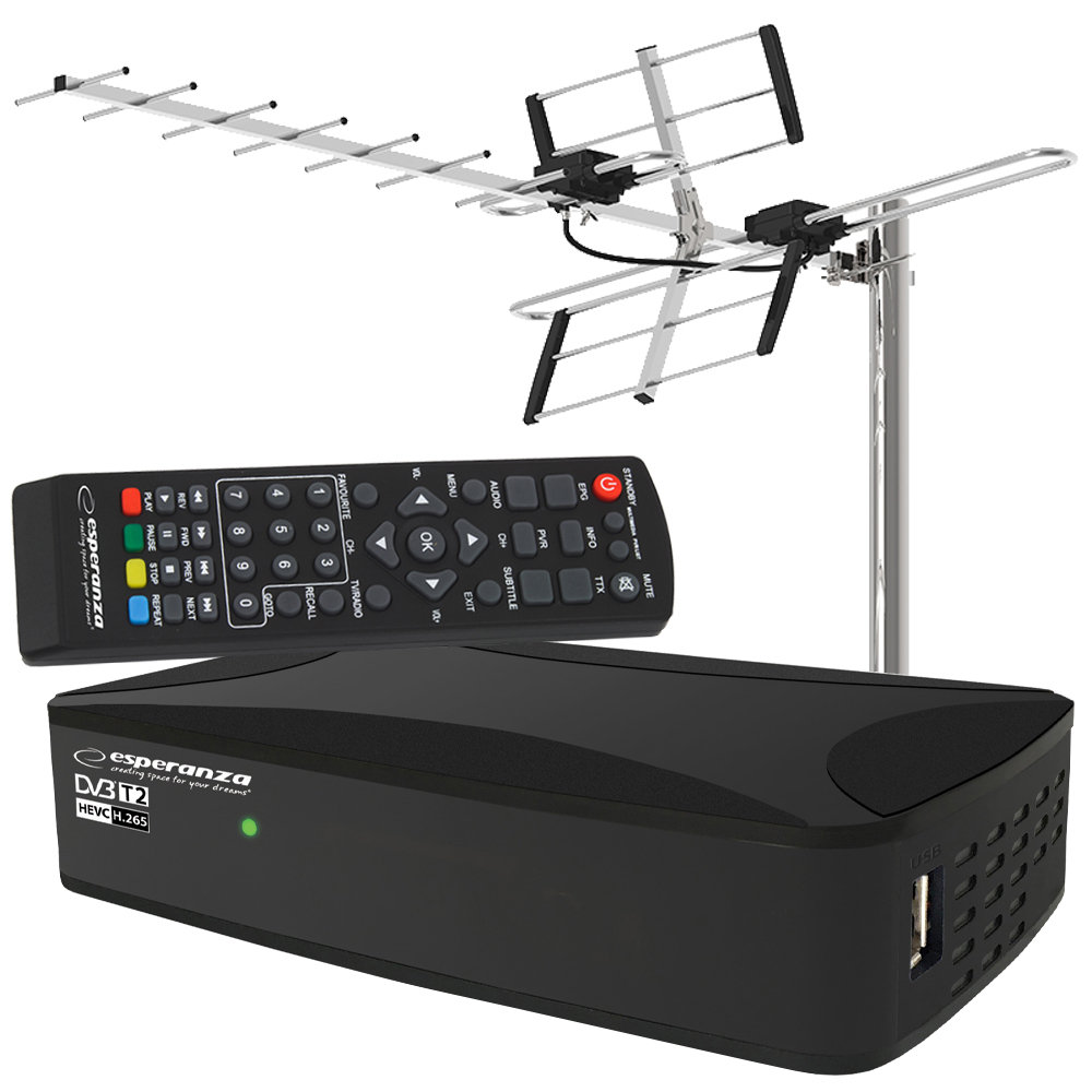 Tuner Cyfrowy Esperanza Ev108R Dvb-T/T2 H.265/Hevc + Antena Kierunkowa Vhf/Uhf Mux8 Atd31S