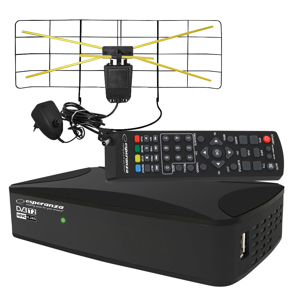 Tuner Cyfrowy Esperanza Ev108R Dvb-T/T2 H.265/Hevc + Antena Pokojowa