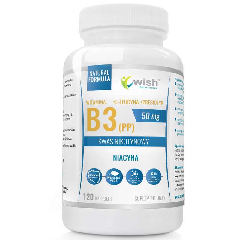 Wish WISH Niacyna Witamina B3 PP) 50mg + L-Leucyna + Prebiotyk Kwas Nikotynowy suplement diety 120 kapsułek