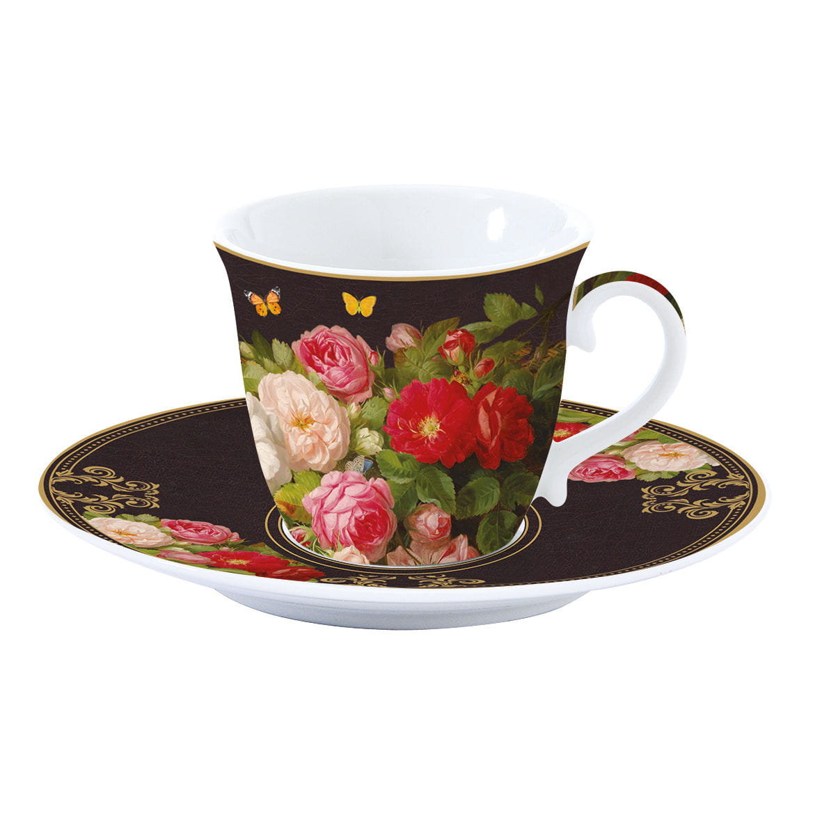 Easy life Filiżanka Do Kawy I Herbaty Porcelanowa Ze Spodkiem Victorian Garden Czarna 200 Ml