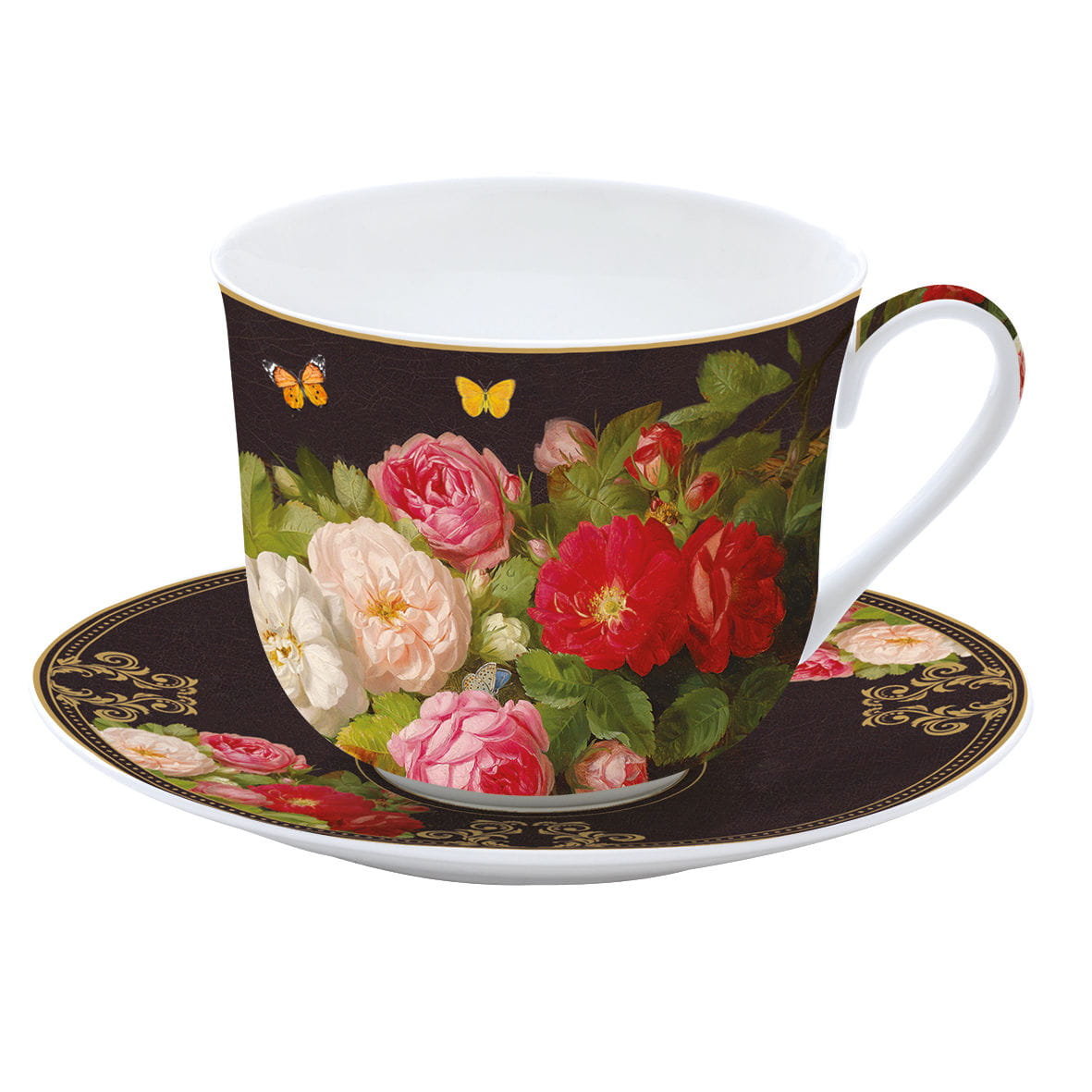 Easy life Filiżanka Do Kawy I Herbaty Porcelanowa Ze Spodkiem Victorian Garden Czarna 370 Ml
