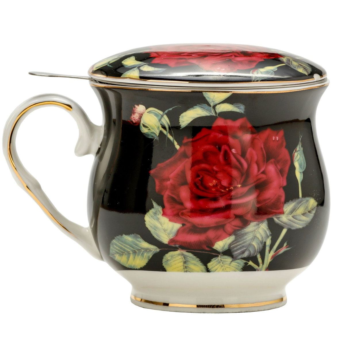 Marco Polo SJ Kubek Porcelanowy Z Zaparzaczem I Pokrywką Czerwona Róża Baryłka Czarny 480 Ml