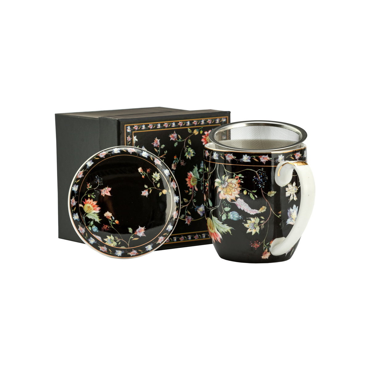Marco Polo SJ Kubek Porcelanowy Z Zaparzaczem I Pokrywką Łąkowe Kwiaty Czarny 425 Ml