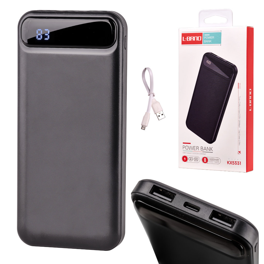 L-Brno POWER BANK 10000Mah 2 usb podwójne ładowanie ekran cyfrowy czarny ikonka