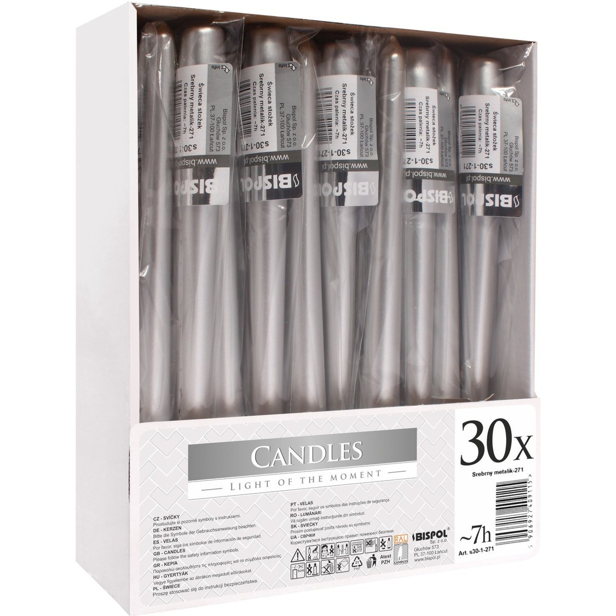 Świece Stołowe Bispol Candles 7H 30Szt. Srebrne