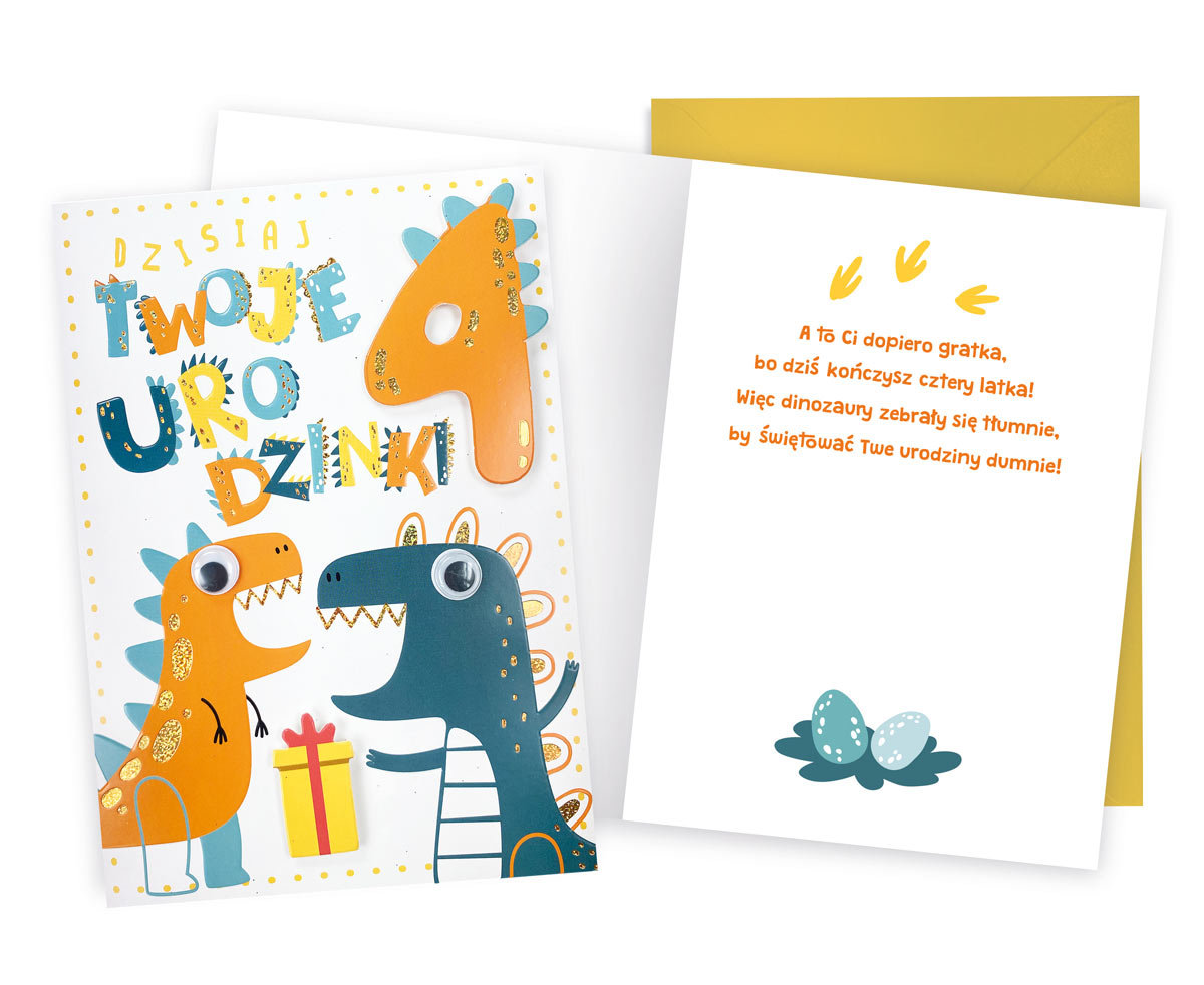 Karnet Urodziny 4 dinozaury - Kukartka