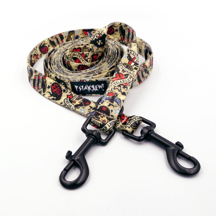 Smycz Dla Psa Długa Przepinana Regulowana Dog Tattoo Flash szerokość 2 cm, karabińczyk czarny 7 cm-300 cm