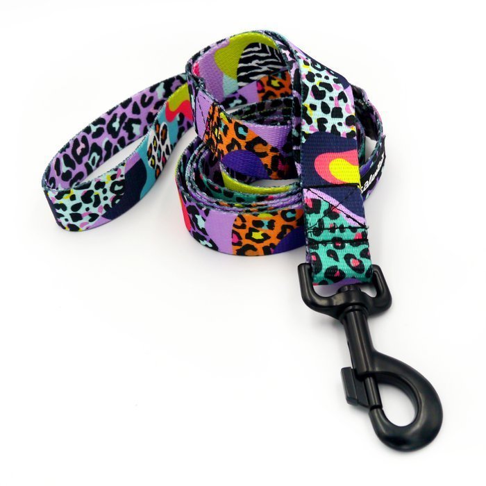 Smycz spacerowa miejska dla Psa Crazy Leopard, szerokość 2,5 cm, duży mocny czarny karabińczyk 8cm -160 cm