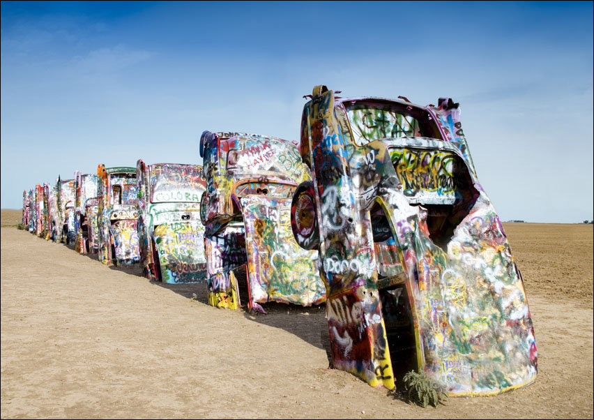 Cadillac Ant Farm cars in Amarillo, Texas., Carol Highsmith - plakat 70x50 cm
