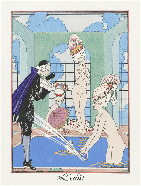 Costumes Parisiens, no. 35: Manteau de Damas ros from Journal des Dames et des Modes, George Barbier - plakat 59,4x84,1 cm