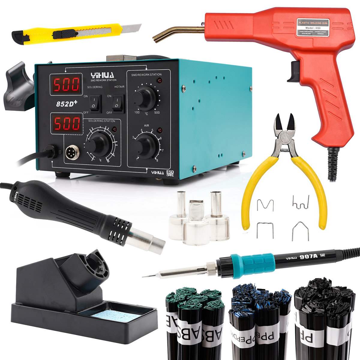 Spawarka Yihua 852D+ Zszywacz do plastiku + 200 zszywek, nożyk, szczypce + spoiwa