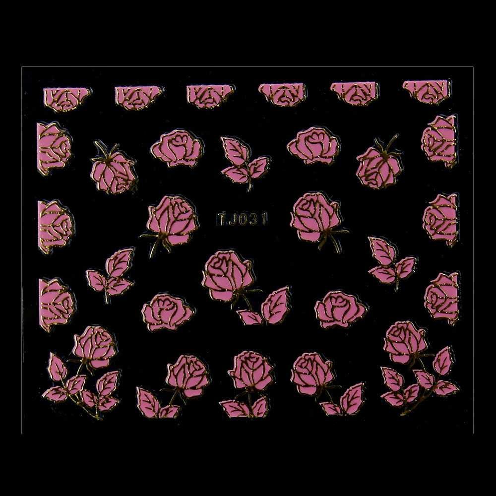Allepaznokcie Naklejki 3D Kwiatki TJ031 Różowe ze złotą obwódką arkusz
