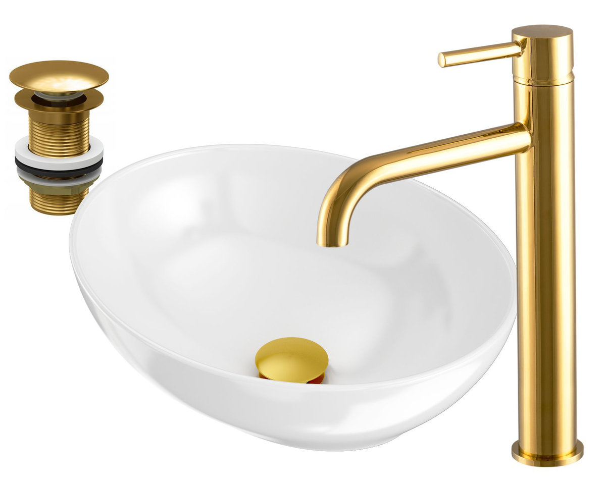 Umywalka Okrągła Nablatowa + Bateria Złota + Korek