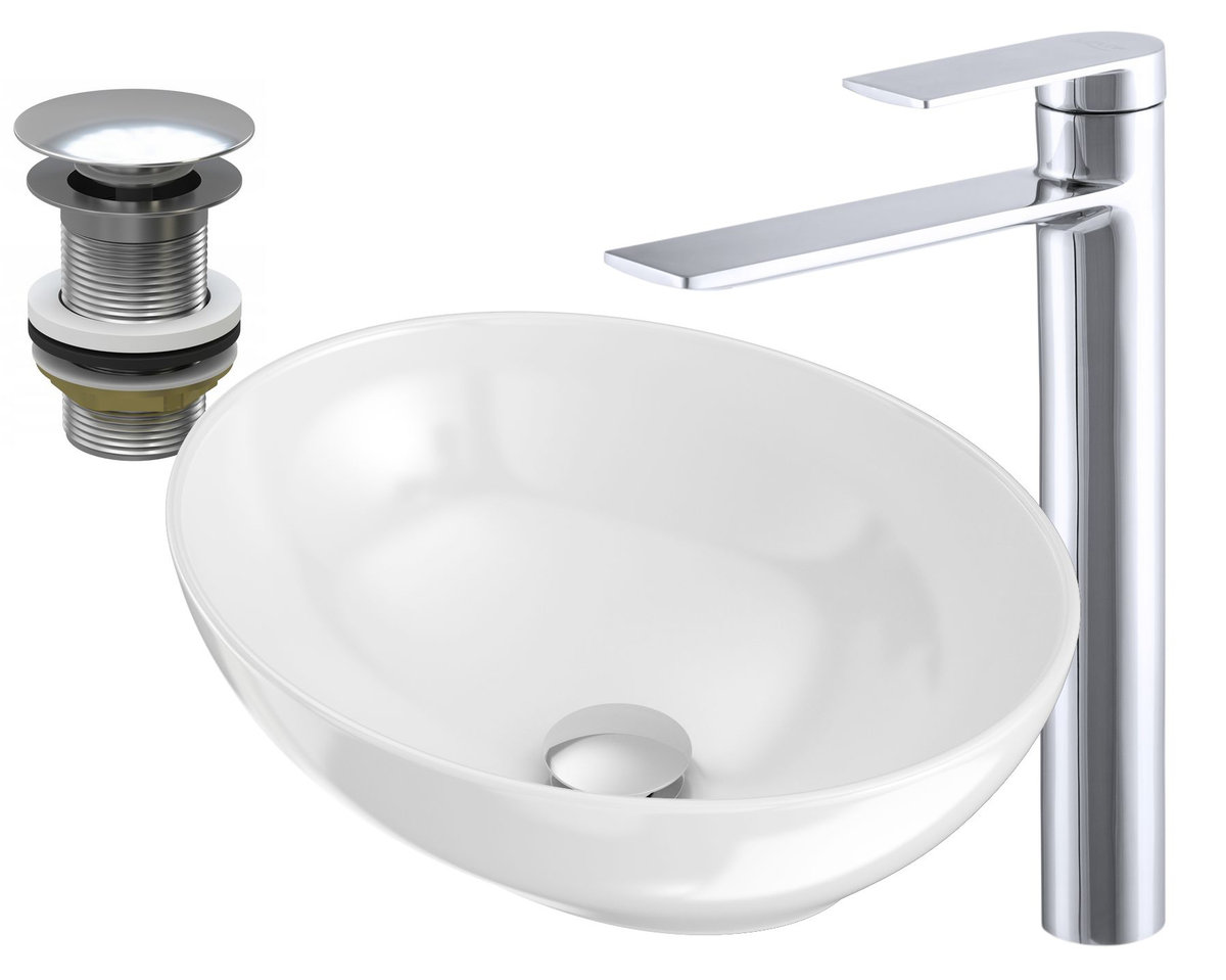 Umywalka Nablatowa Okrągła + Bateria Chrom + Korek