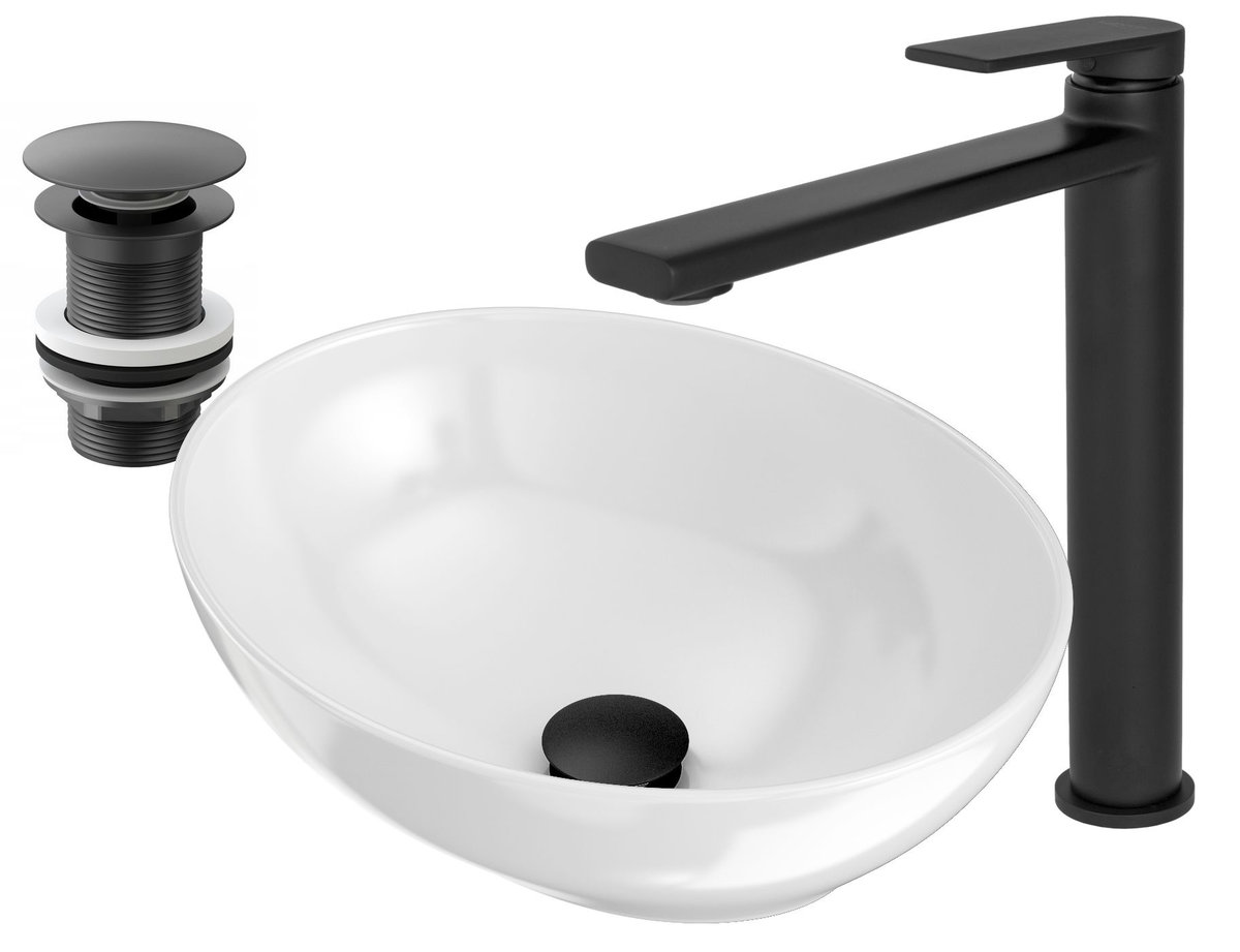 Okrągła Umywalka Nablatowa + Bateria Czarna +Korek