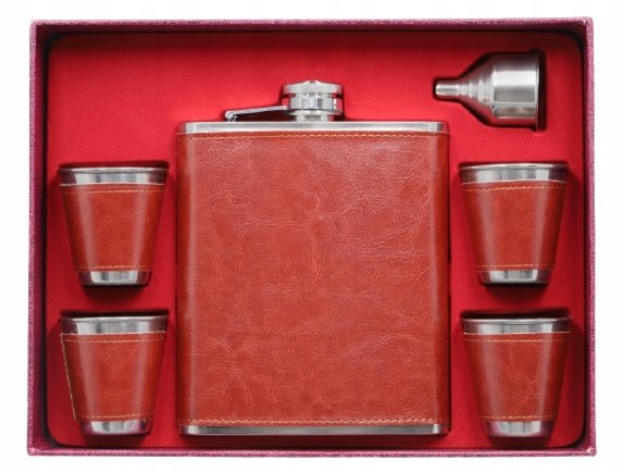 Duża Brązowa Piersiówka + 4 Kieliszki + Lejek