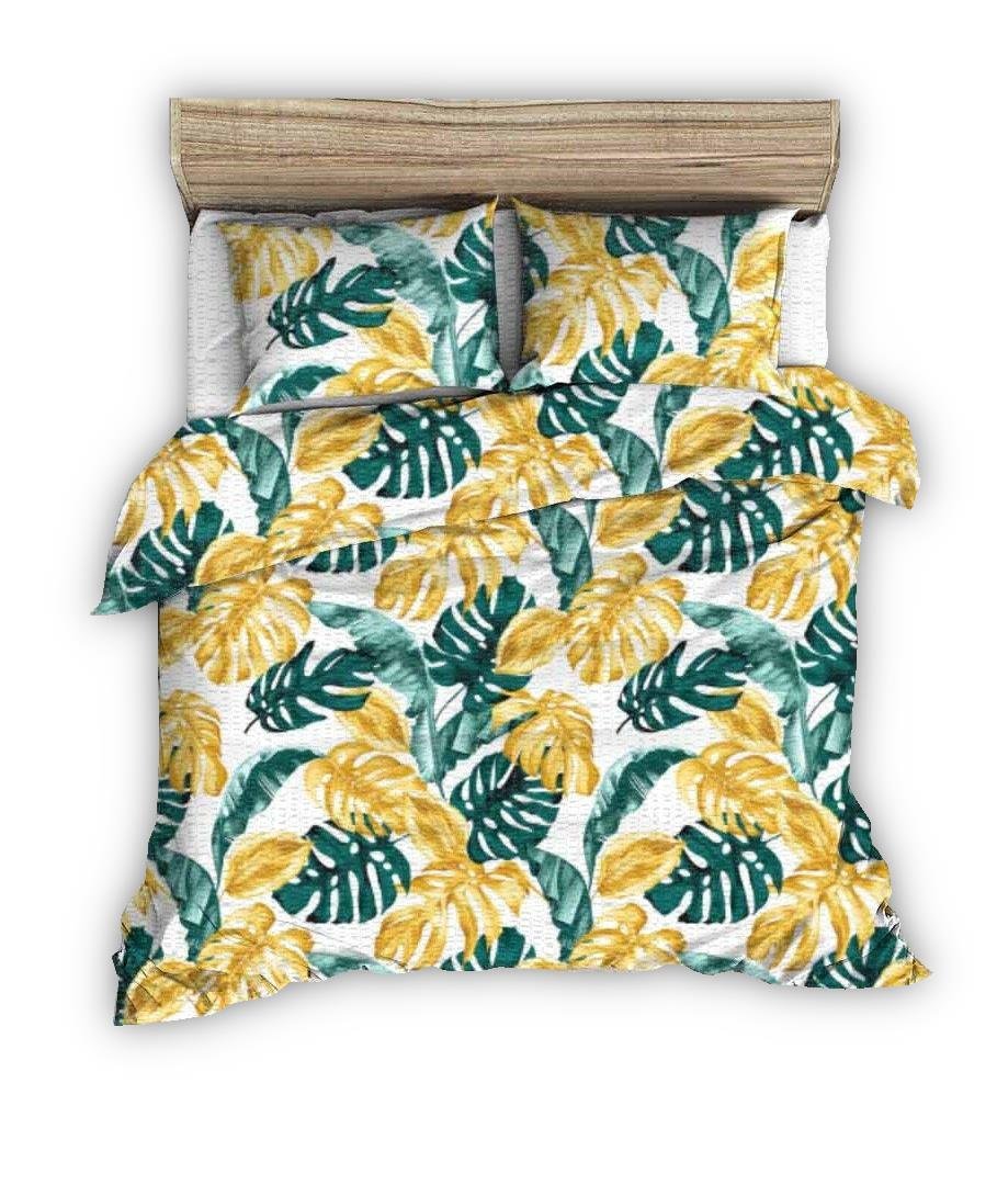 Pościel Z Kory 200X220 Biała W Zielone Złote Egzotyczne Liście
