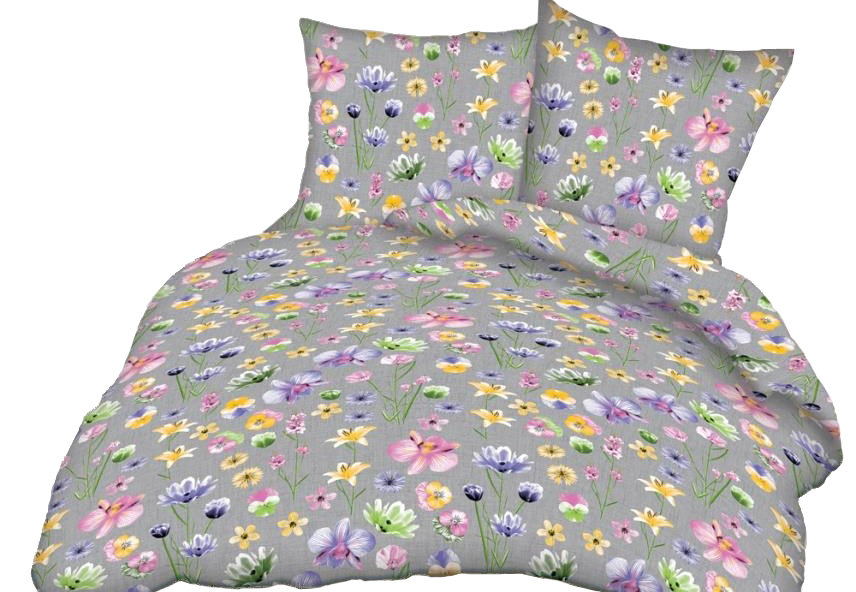 Pościel Z Kory 100% Bawełna 160X200 Wzór Kwiaty Na Szarym Tle