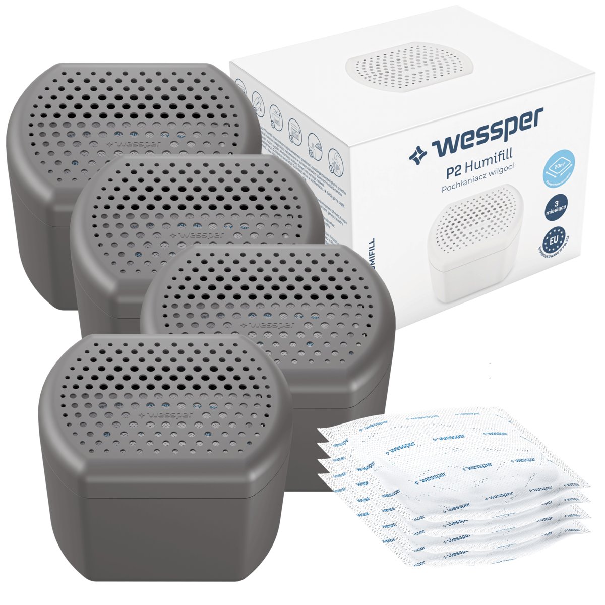 Zestaw Wessper: 4X Pochłaniacz Wilgoci + 4 Wkłady 250G - Kolor Szary