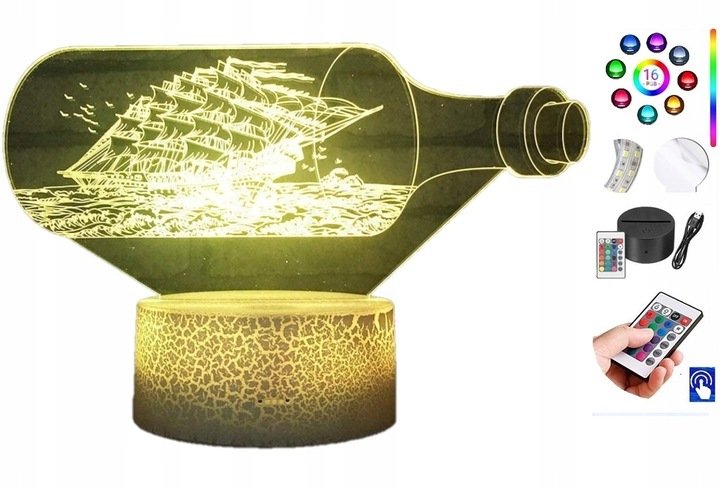 Lampka Nocna 3D Led Statek W Butelce Grawer Imię