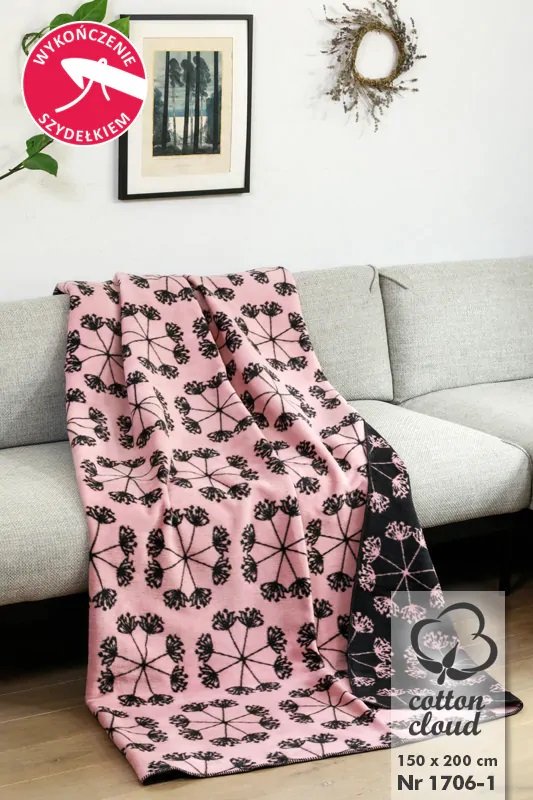 Koc Bawełniano-Akrylowy 150X200 Różowe Czarne Dmuchawce