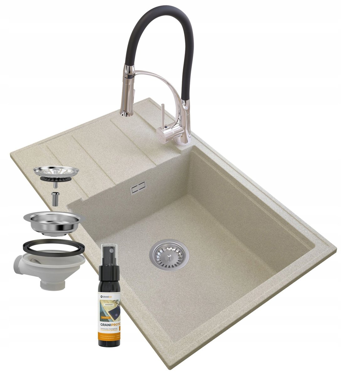 Zlew Granitowy Beż Louis Syfon Bateria Nexo Chrom