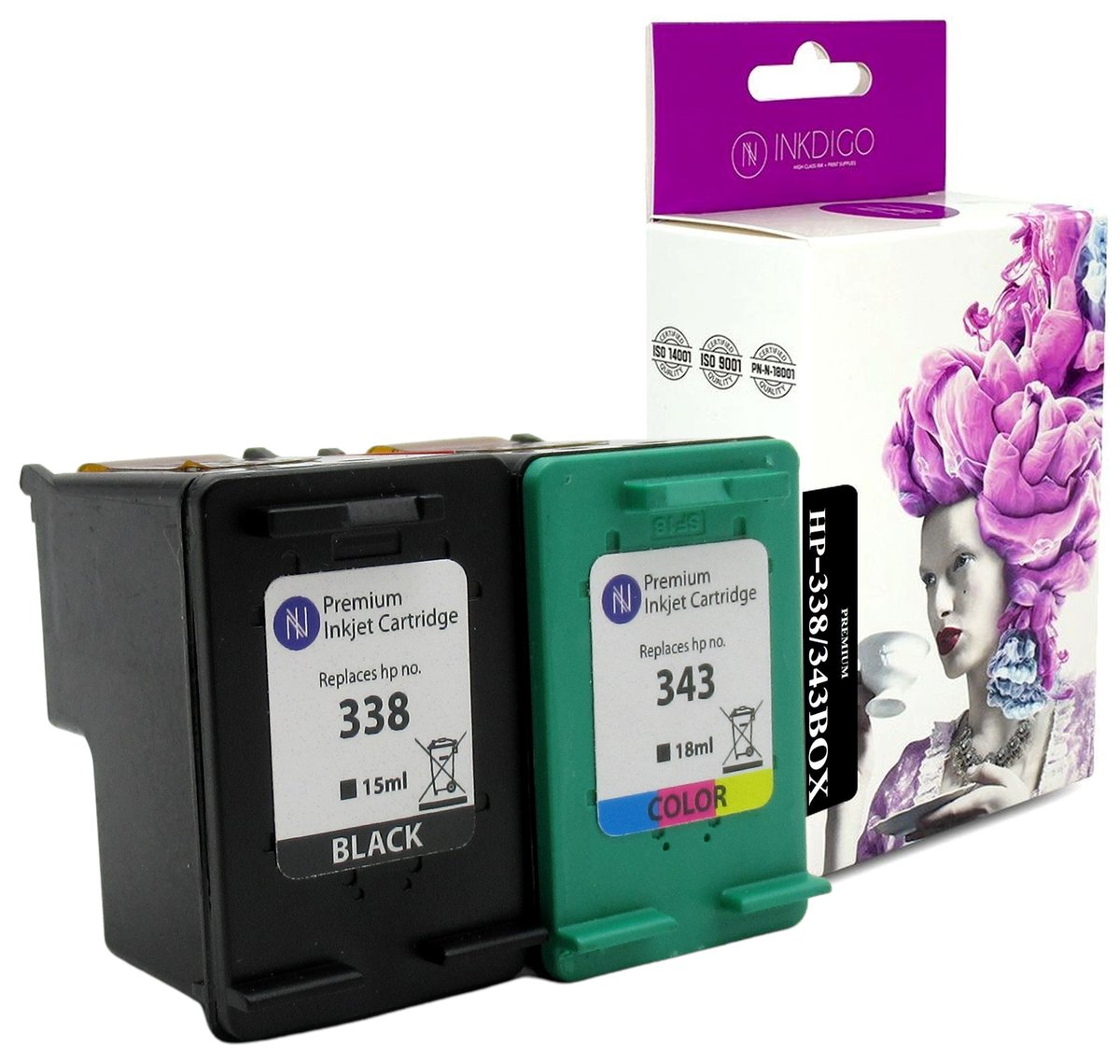 INKDIGO Tusze 338 XL & 343 XL zgodny zestaw do HP 6205 6210 7210 Czarny + Kolor