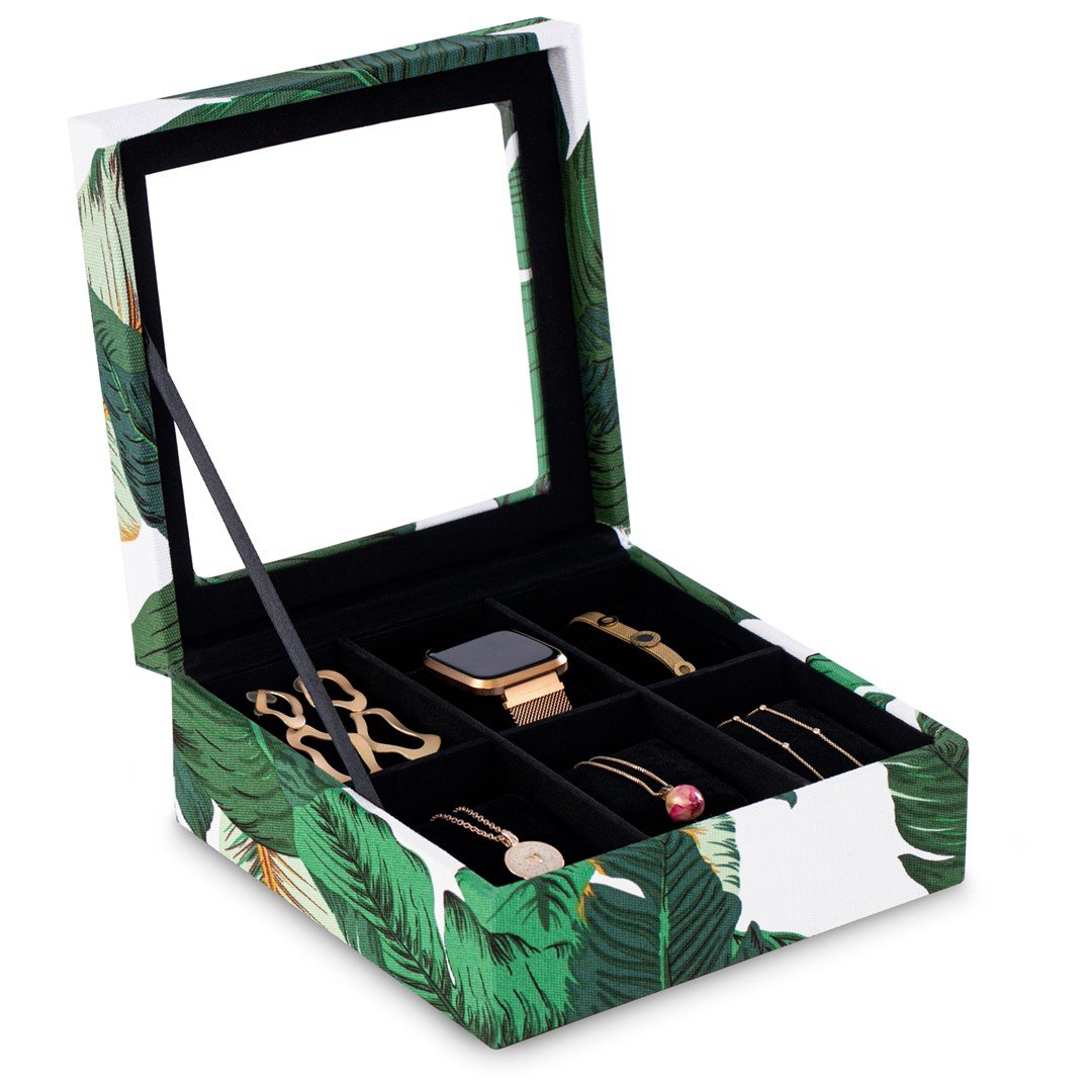 Ameliahome Pudełko Na Biżuterię Szkatułka Liście Glasen 18X7 Zielone Białe