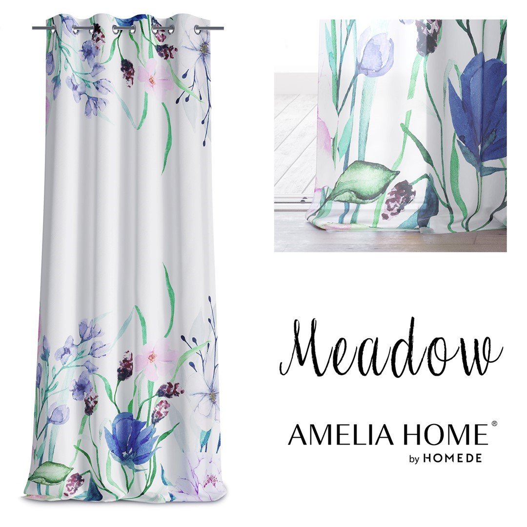 Firana MEADOW kolor biały drukowany motyw kwiatowy przelotki przelotki srebrne woal 140x270 ameliahome - SCURT/AH/MEADOW/EYELETS