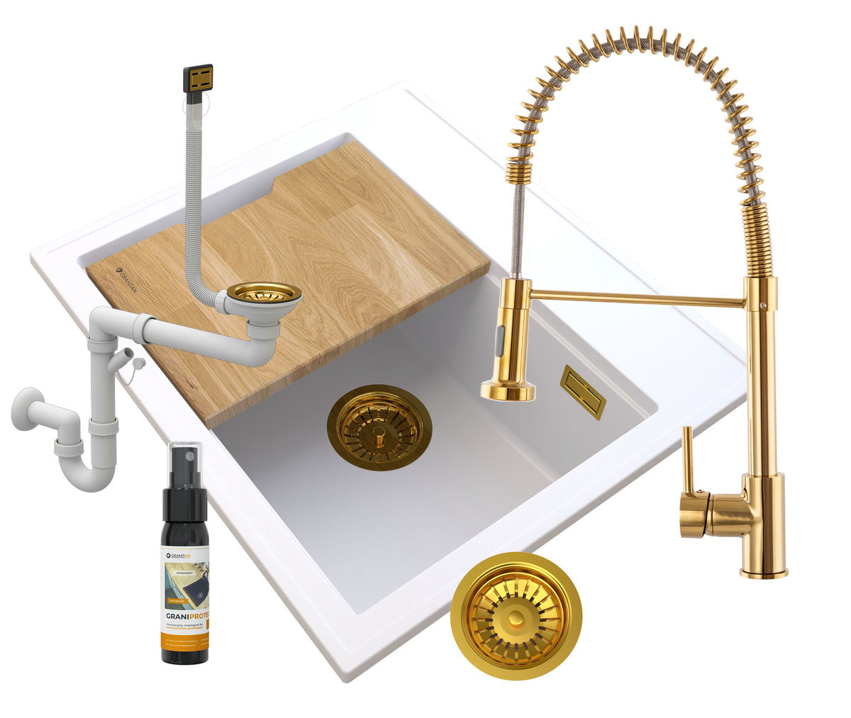 Zlewozmywak Granitowy Biały Foxal Złoty Kran Syfon