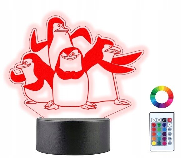 Lampka Nocna 3D Led Pingwiny z Madagaskaru Grawer