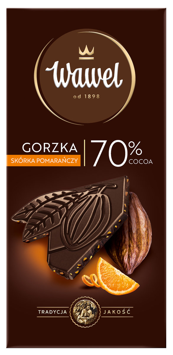 Wawel, czekolada gorzka premium 70% kakao ze skórką pomarańczy, 100 g