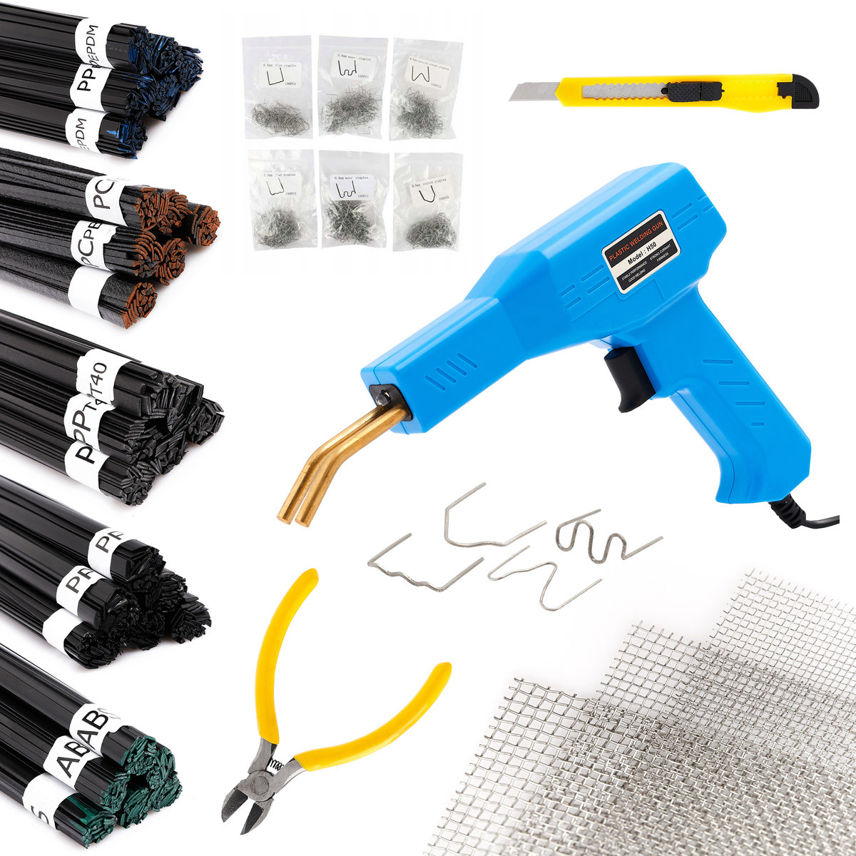 Zszywacz Do Plastiku H50 + 5 Spoiw + 3 Rodzaje Siatek + 800 Zszywek 6 Rodzajów, Nożyk, Szczypce