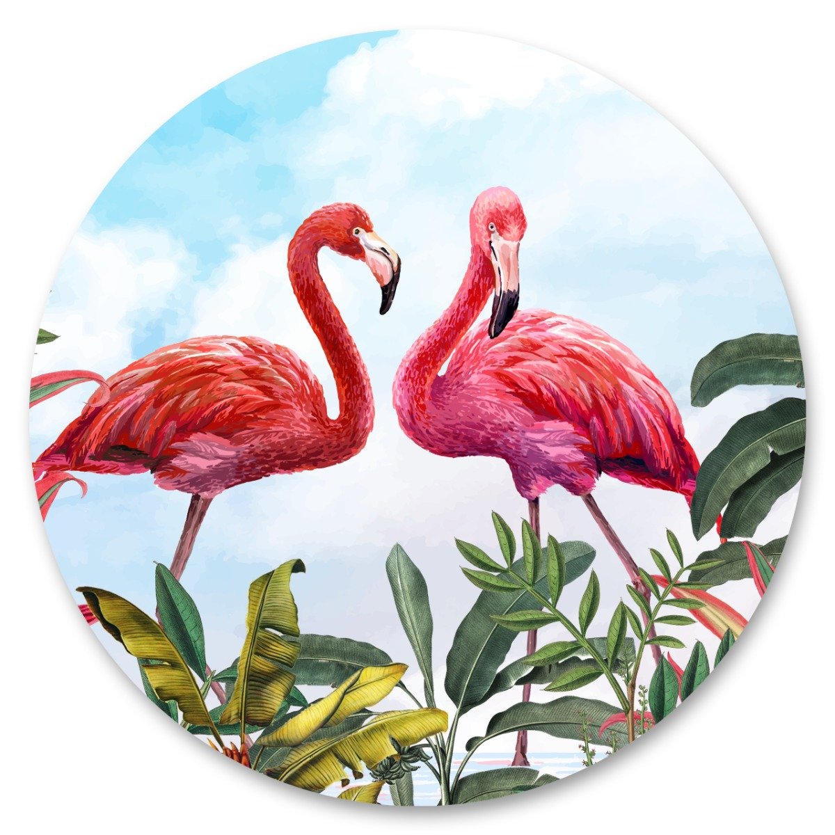 Naklejka W Kole Flamingi Chmury Natura Ptaki Niebo Liście Tropikalne 100Cm X 100Cm