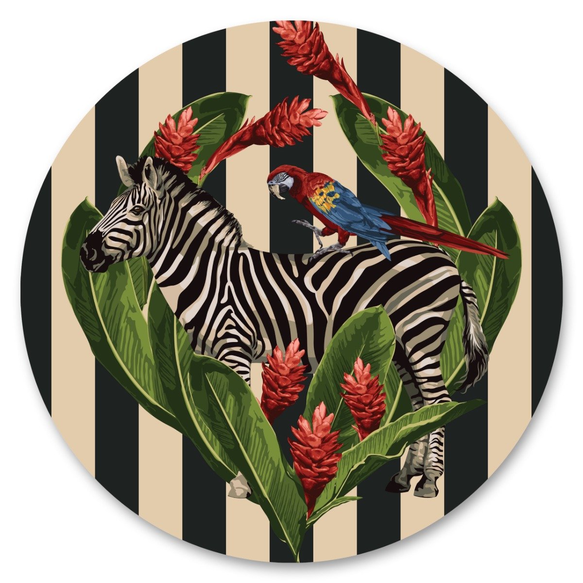 Naklejka Okrągła Zebra Ara Rośliny Paski Zwierzęta Abstrakcja 100Cm X 100Cm