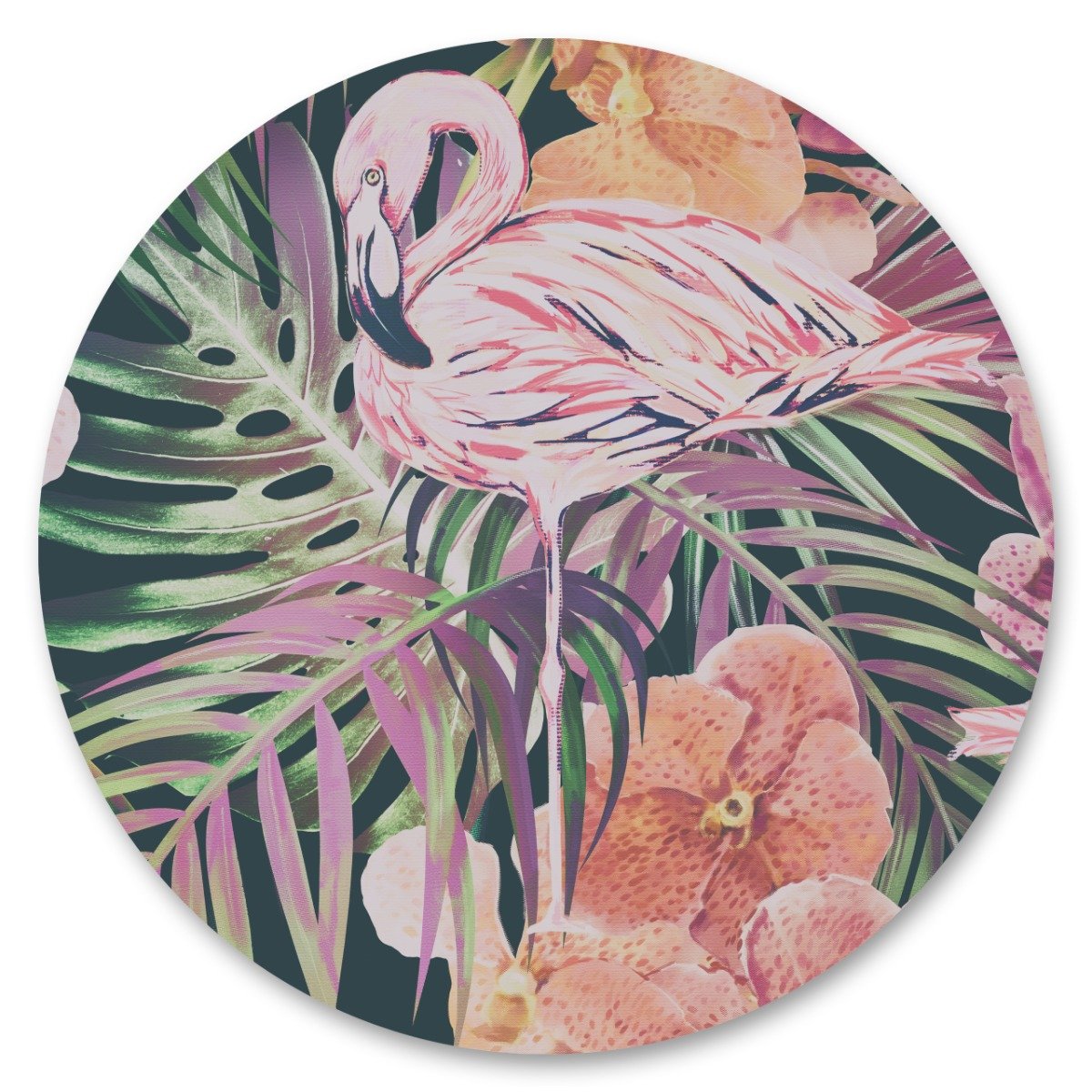 Naklejka Okrągła Flaming Egzotyczne Liście Kwiaty Ptak Natura 100Cm X 100Cm