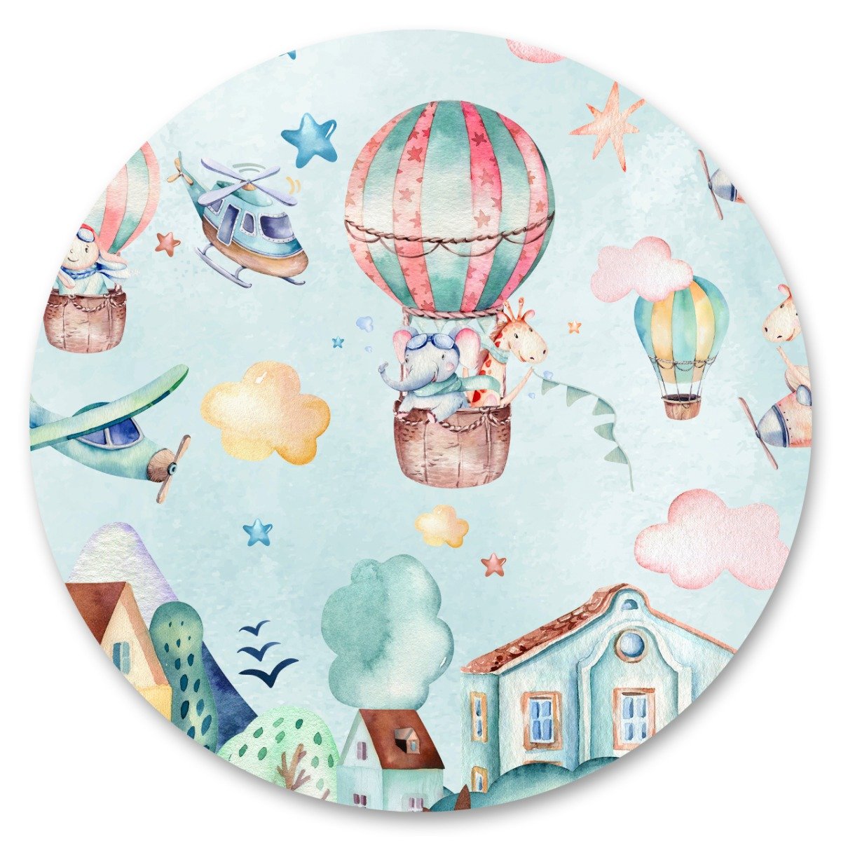 Naklejka W Kole Balony Zwierzątka Chmury Miasto Bajka Akwarela 100Cm X 100Cm