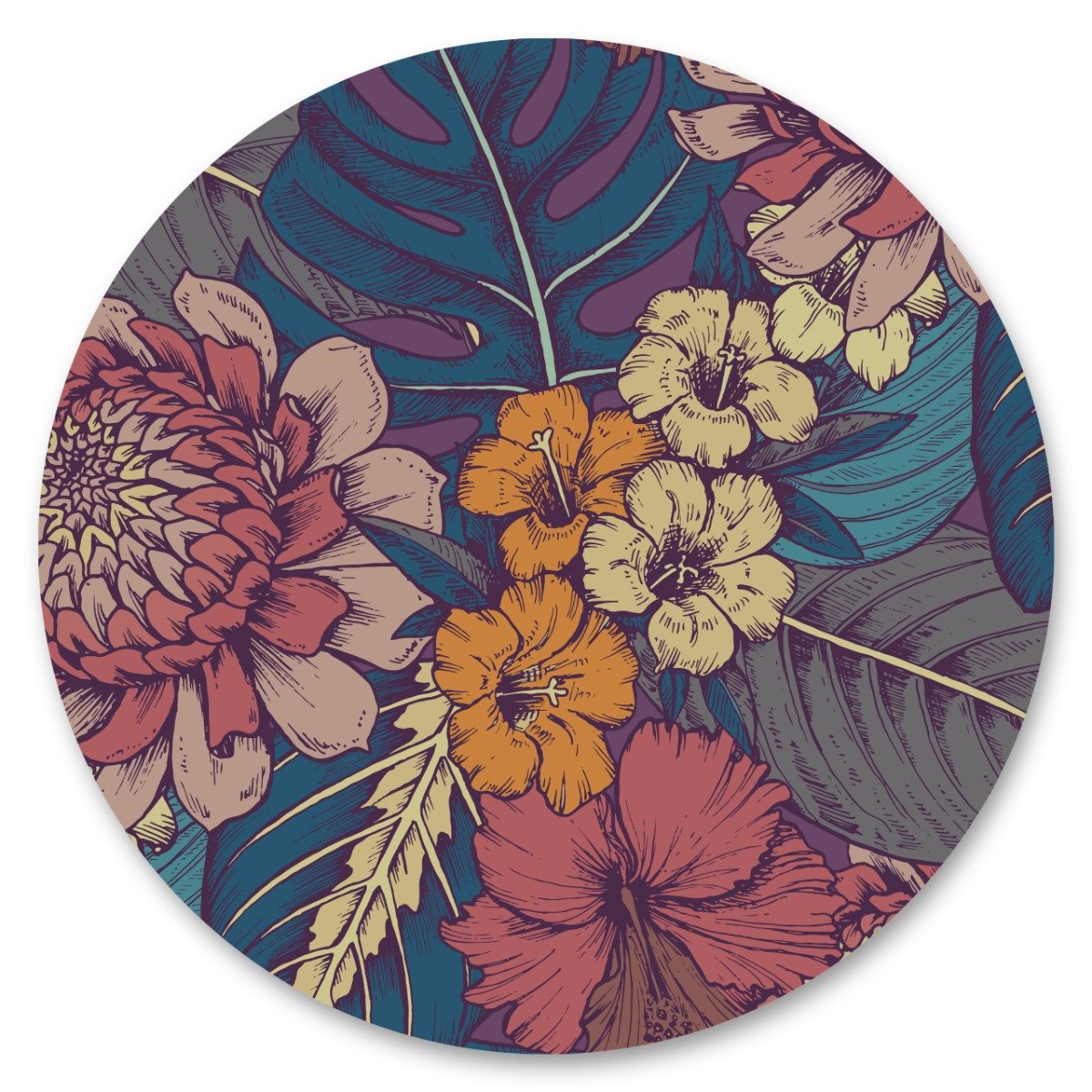 Naklejka Liście Kwiaty Styl Retro Koło Natura Bukiet Ozdoba 100Cm X 100Cm