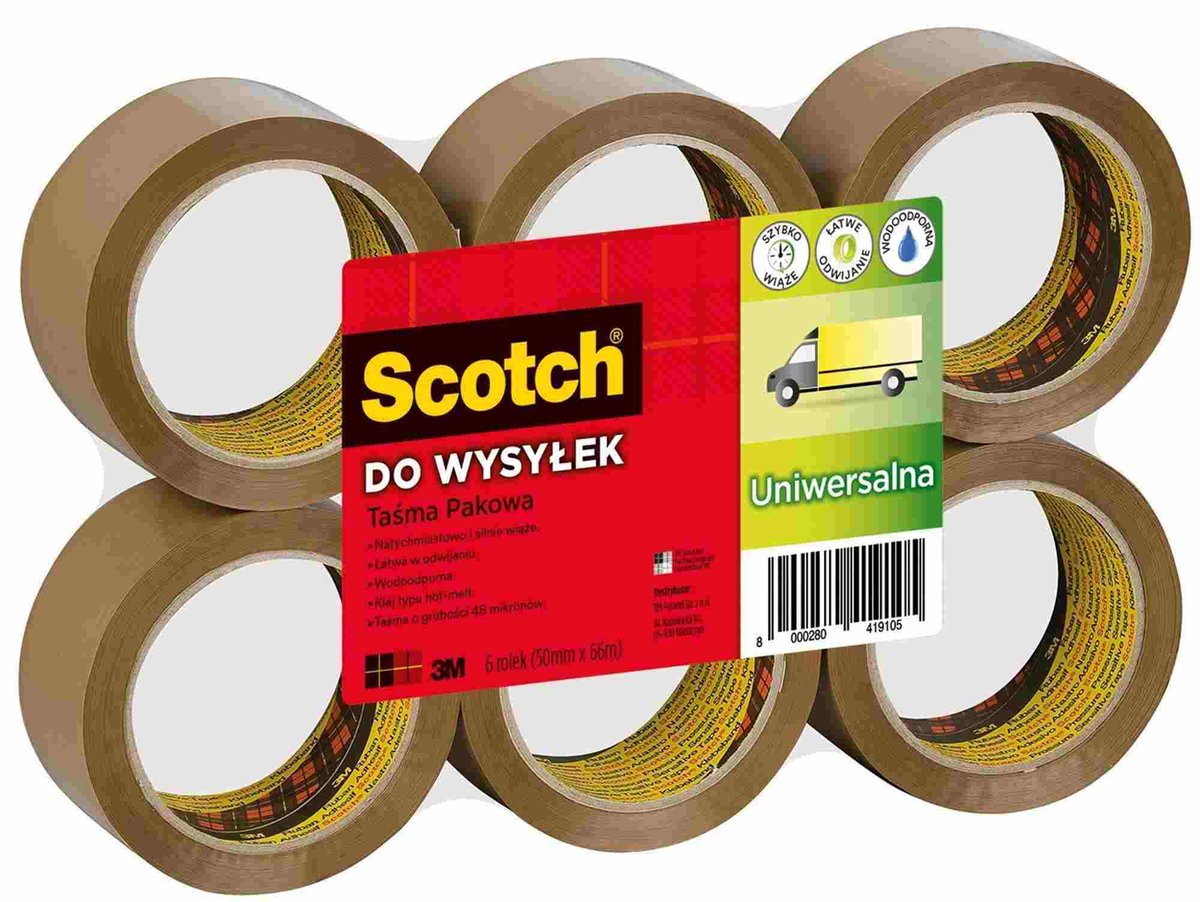 6X Taśma Pakowa 50Mmx66M Brąz Hot-Melt Scotch 3M 371