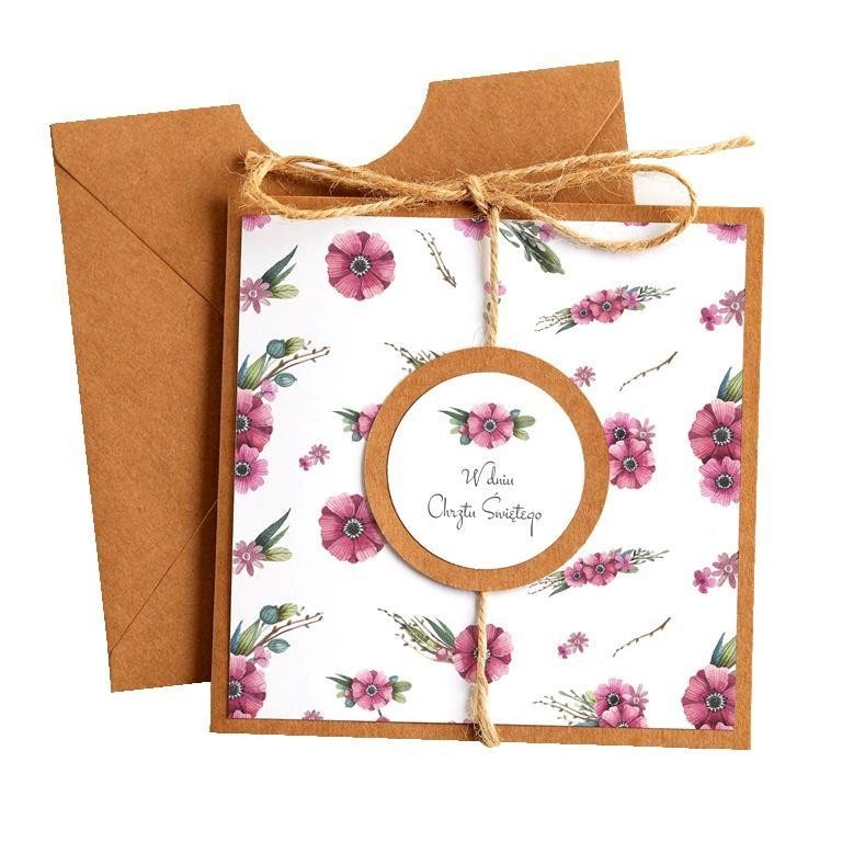 Kartka Okolicznościowa Na Chrzest - Eco Vintage - Kwiaty Różowe 2