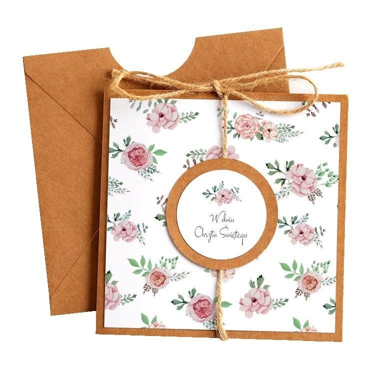 Kartka Okolicznościowa Na Chrzest - Eco Vintage - Kwiaty Różowe