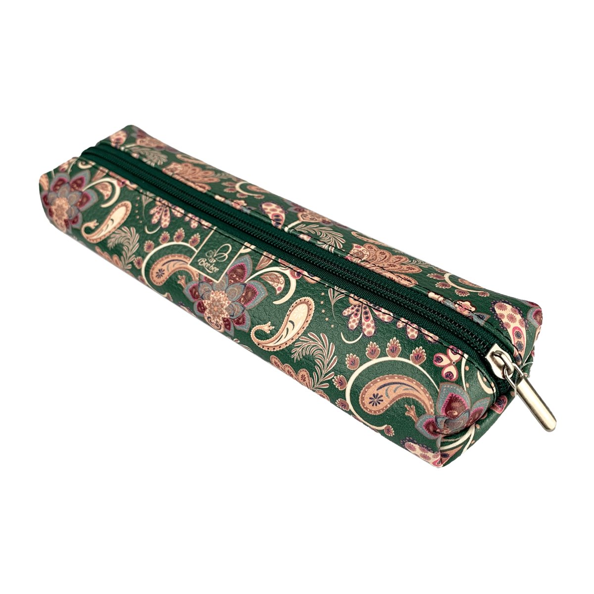 Etui saszetka piórnik z ekoskóry duża kostka płaska jamnik paisley kwiaty green