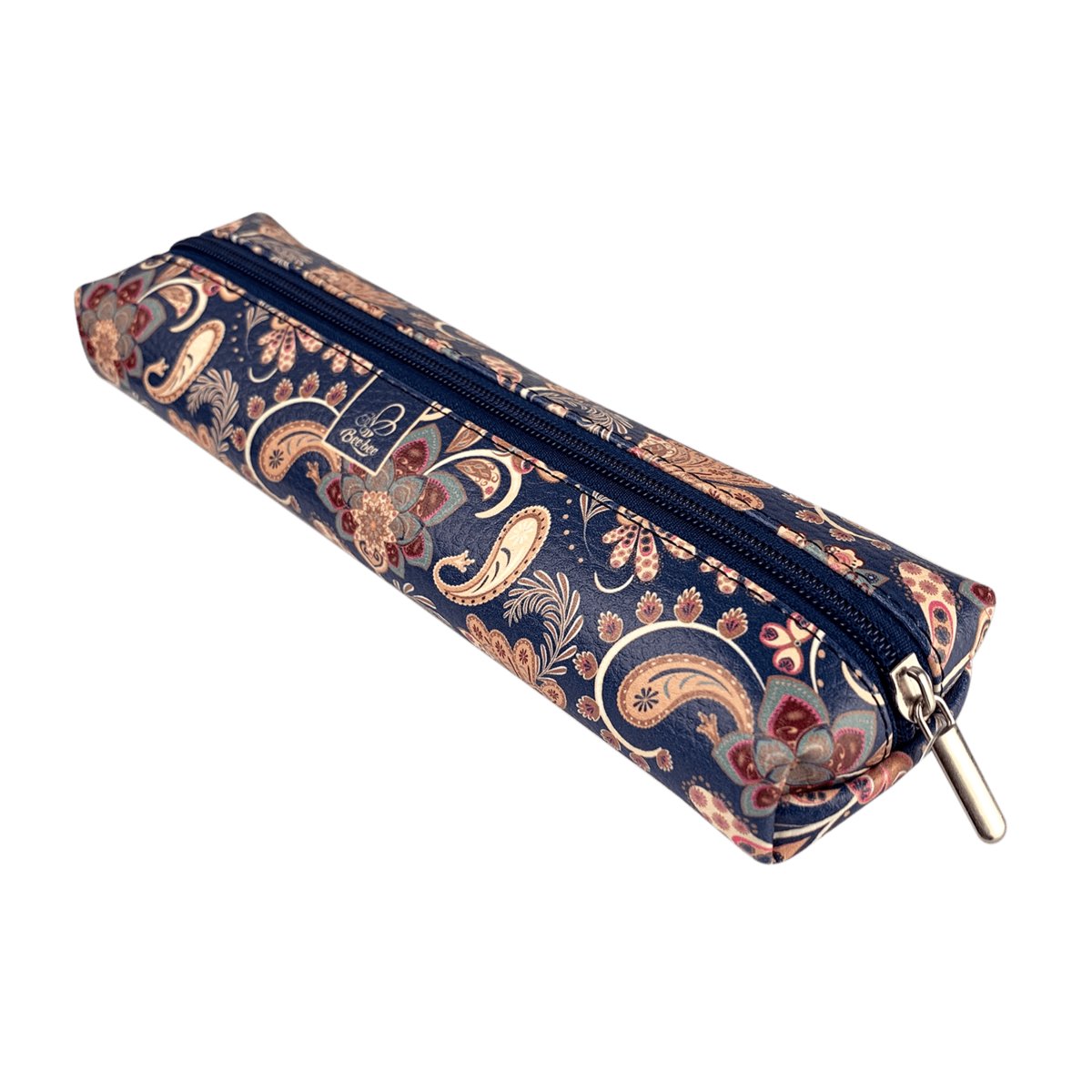 Etui saszetka piórnik z ekoskóry duża kostka płaska jamnik paisley kwiaty blue