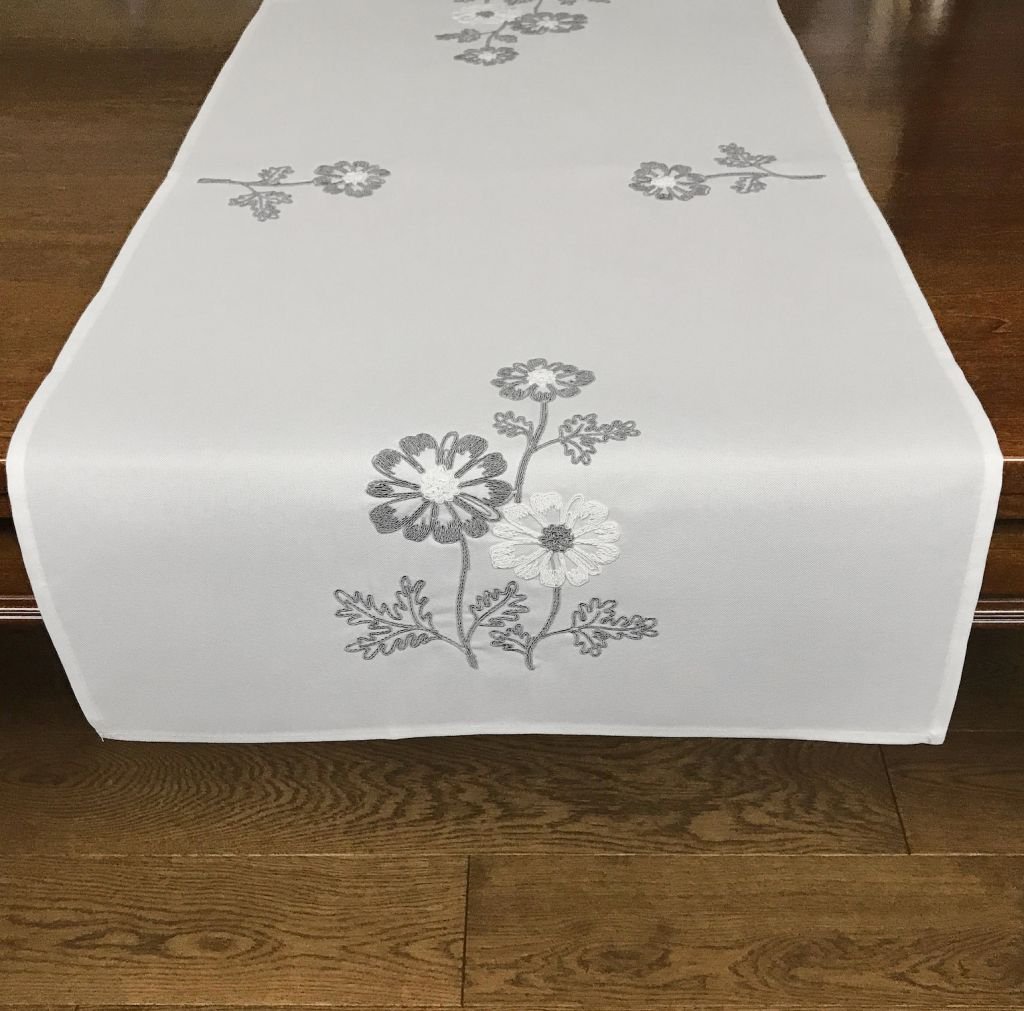 Bieżnik z haftem, 55x120, biała w kwiaty, OH-160-A